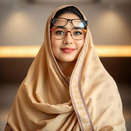 A woman wearing a traditional chador, elegantly draped over her head and shoulders, with a stylish pair of glasses perched on her nose