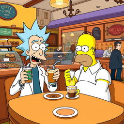 A whimsical scene depicting Rick Sanchez and Homer Simpson sitting together at a cozy coffee shop table