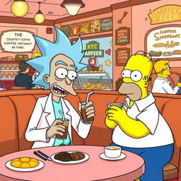 A whimsical scene depicting Rick Sanchez and Homer Simpson sitting together at a cozy coffee shop table