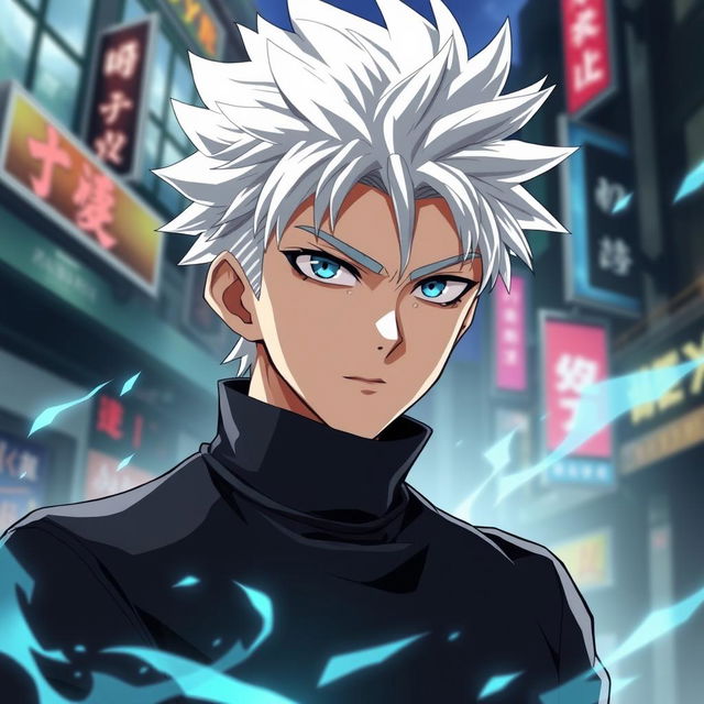 A character styled like Gojo Satoru from the anime Jujutsu Kaisen, with white spiky hair and striking blue eyes