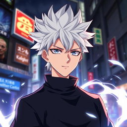 A character styled like Gojo Satoru from the anime Jujutsu Kaisen, with white spiky hair and striking blue eyes