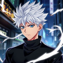 A character styled like Gojo Satoru from the anime Jujutsu Kaisen, with white spiky hair and striking blue eyes