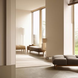 A representation of a modern, clean and minimalist interior design scheme. The room is filled with sleek furniture, neutral colors, and natural light.