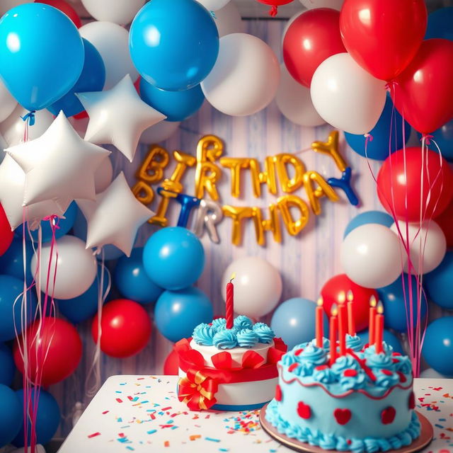 A festive birthday setting filled with vibrant blue, white, and red balloon decorations