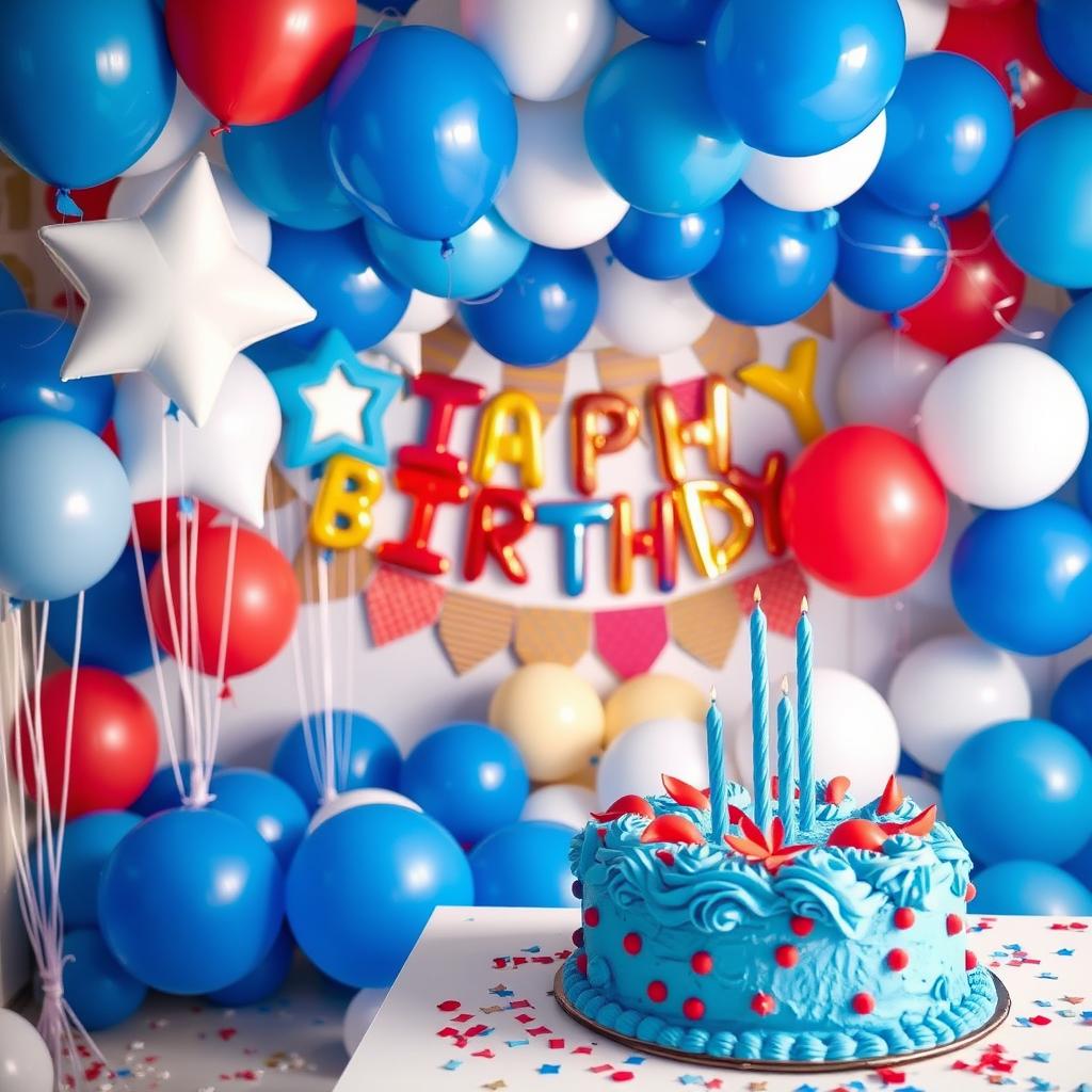 A festive birthday setting filled with vibrant blue, white, and red balloon decorations