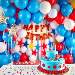 A festive birthday setting filled with vibrant blue, white, and red balloon decorations