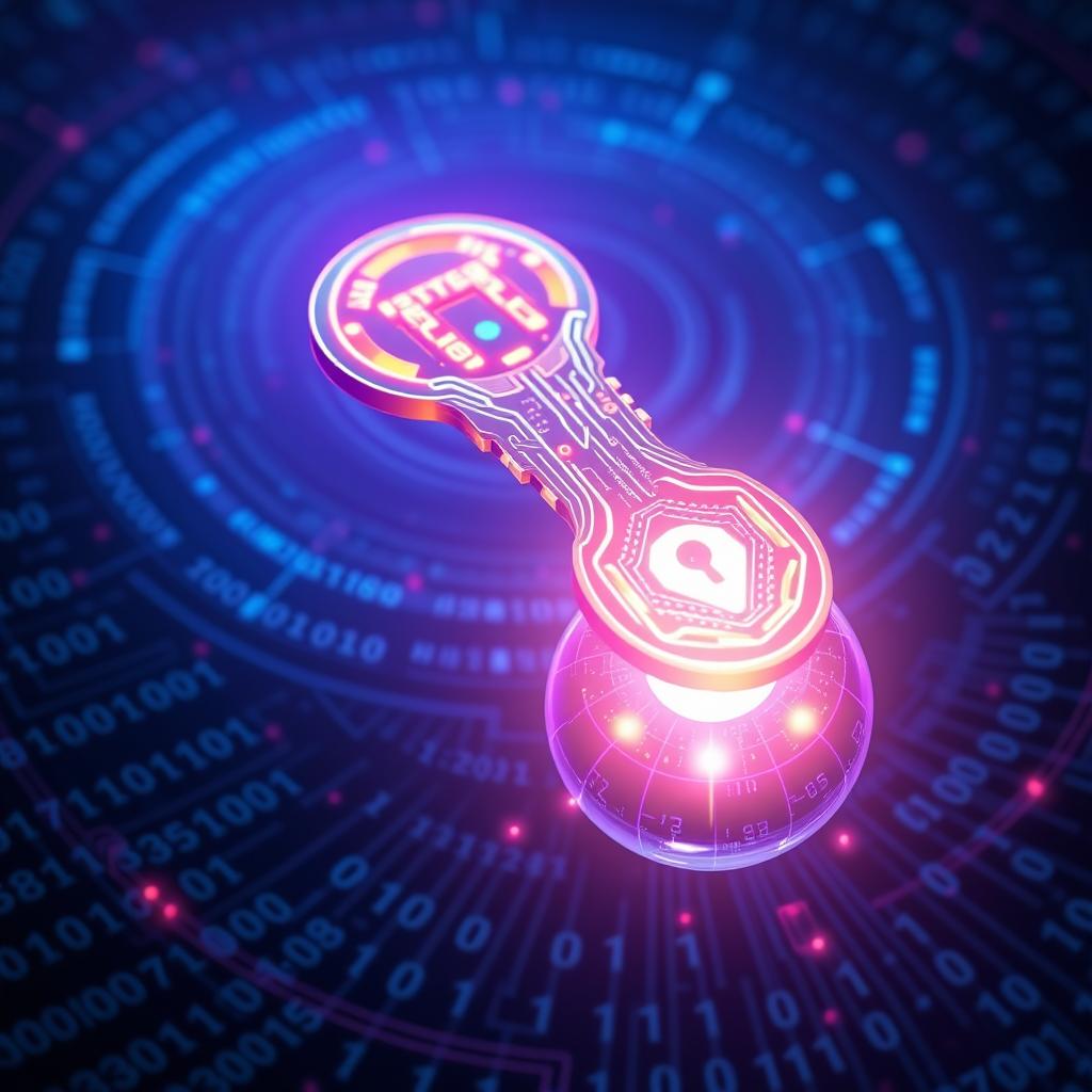 A futuristic concept of a web key, visually represented as a sleek digital key with intricate glowing circuits and a holographic interface
