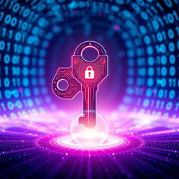 A futuristic concept of a web key, visually represented as a sleek digital key with intricate glowing circuits and a holographic interface