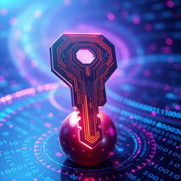 A futuristic concept of a web key, visually represented as a sleek digital key with intricate glowing circuits and a holographic interface