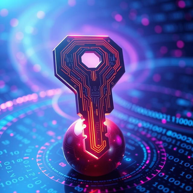 A futuristic concept of a web key, visually represented as a sleek digital key with intricate glowing circuits and a holographic interface