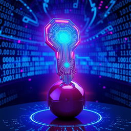 A futuristic concept of a web key, visually represented as a sleek digital key with intricate glowing circuits and a holographic interface