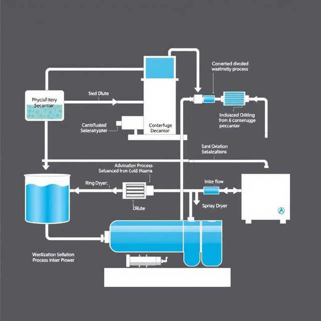 A detailed illustration of a comprehensive wastewater treatment system diagram