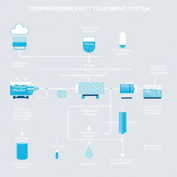 A detailed illustration of a comprehensive wastewater treatment system diagram