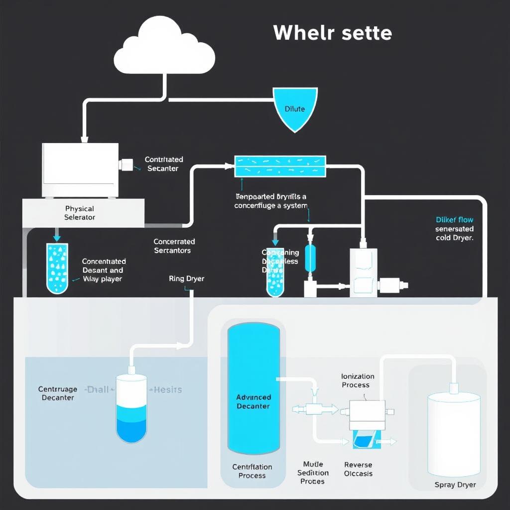 A detailed illustration of a comprehensive wastewater treatment system diagram