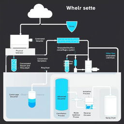 A detailed illustration of a comprehensive wastewater treatment system diagram