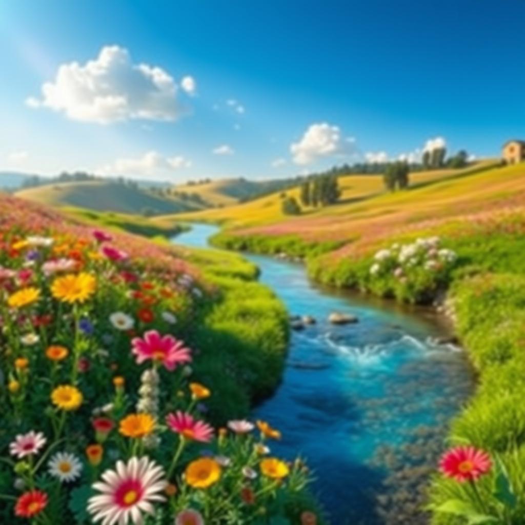 A stunning, artistic representation of a beautiful, vibrant landscape filled with colorful flowers and lush greenery