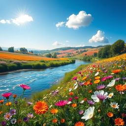A stunning, artistic representation of a beautiful, vibrant landscape filled with colorful flowers and lush greenery