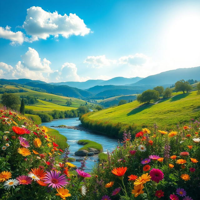 A stunning, artistic representation of a beautiful, vibrant landscape filled with colorful flowers and lush greenery