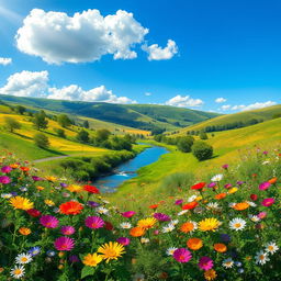 A stunning, artistic representation of a beautiful, vibrant landscape filled with colorful flowers and lush greenery