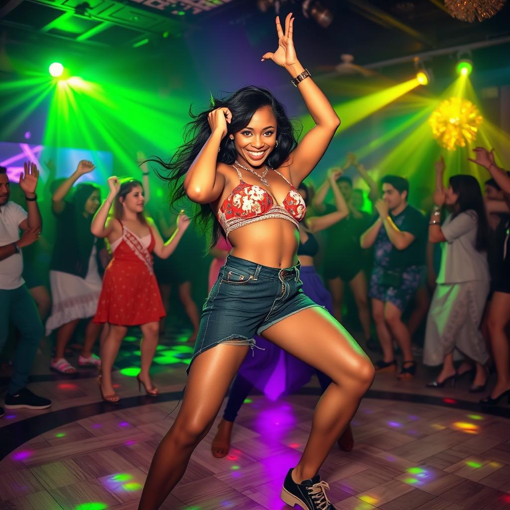 A vibrant and energetic scene featuring a confident dancer performing a twerk on a lively dance floor