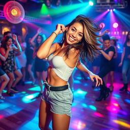 A vibrant and energetic scene featuring a confident dancer performing a twerk on a lively dance floor