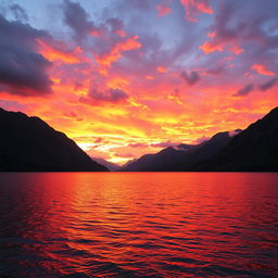 A striking landscape photograph depicting a stunning sunset over a tranquil lake surrounded by lush green mountains, with vibrant orange and pink hues reflected in the water