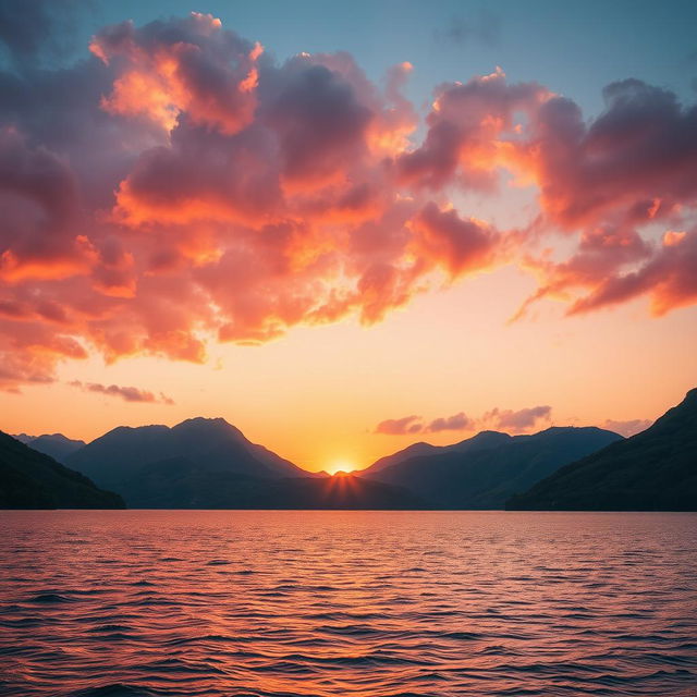 A striking landscape photograph depicting a stunning sunset over a tranquil lake surrounded by lush green mountains, with vibrant orange and pink hues reflected in the water