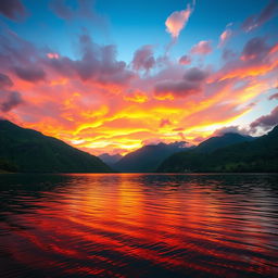A striking landscape photograph depicting a stunning sunset over a tranquil lake surrounded by lush green mountains, with vibrant orange and pink hues reflected in the water