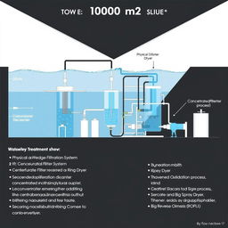 A comprehensive diagram of a wastewater treatment system designed for a 1000 m2 space