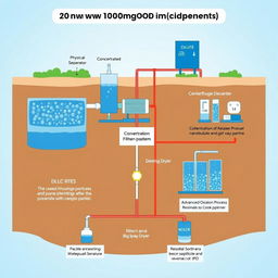 A comprehensive diagram of a wastewater treatment system designed for a 1000 m2 space