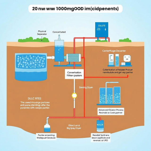A comprehensive diagram of a wastewater treatment system designed for a 1000 m2 space