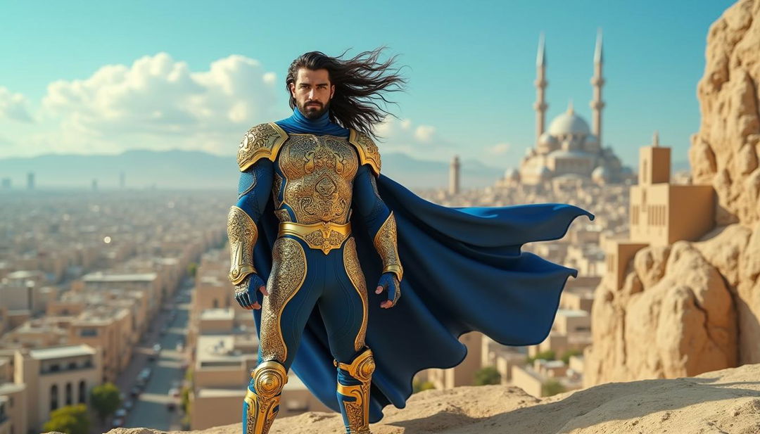 An iconic superhero named Iranman, inspired by Persian culture, featuring a modernized take on traditional Persian attire and armor