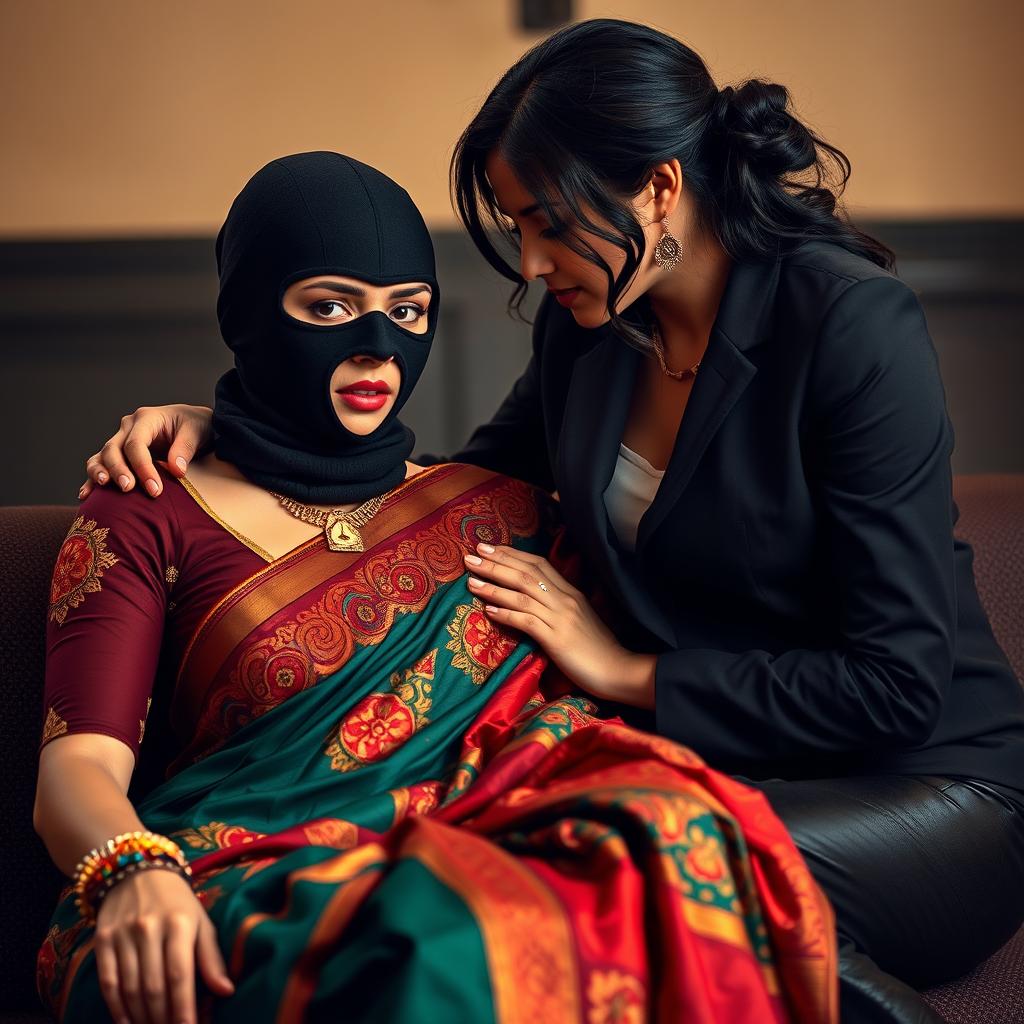 A striking scene featuring a hot Indian woman in a beautifully detailed saree, rich in color and intricate designs, paired with her confident demeanor