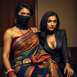A striking scene featuring a hot Indian woman in a beautifully detailed saree, rich in color and intricate designs, paired with her confident demeanor