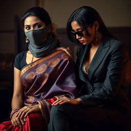 A striking scene featuring a hot Indian woman in a beautifully detailed saree, rich in color and intricate designs, paired with her confident demeanor