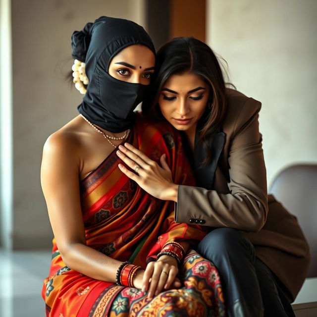 A striking scene featuring a hot Indian woman in a beautifully detailed saree, rich in color and intricate designs, paired with her confident demeanor