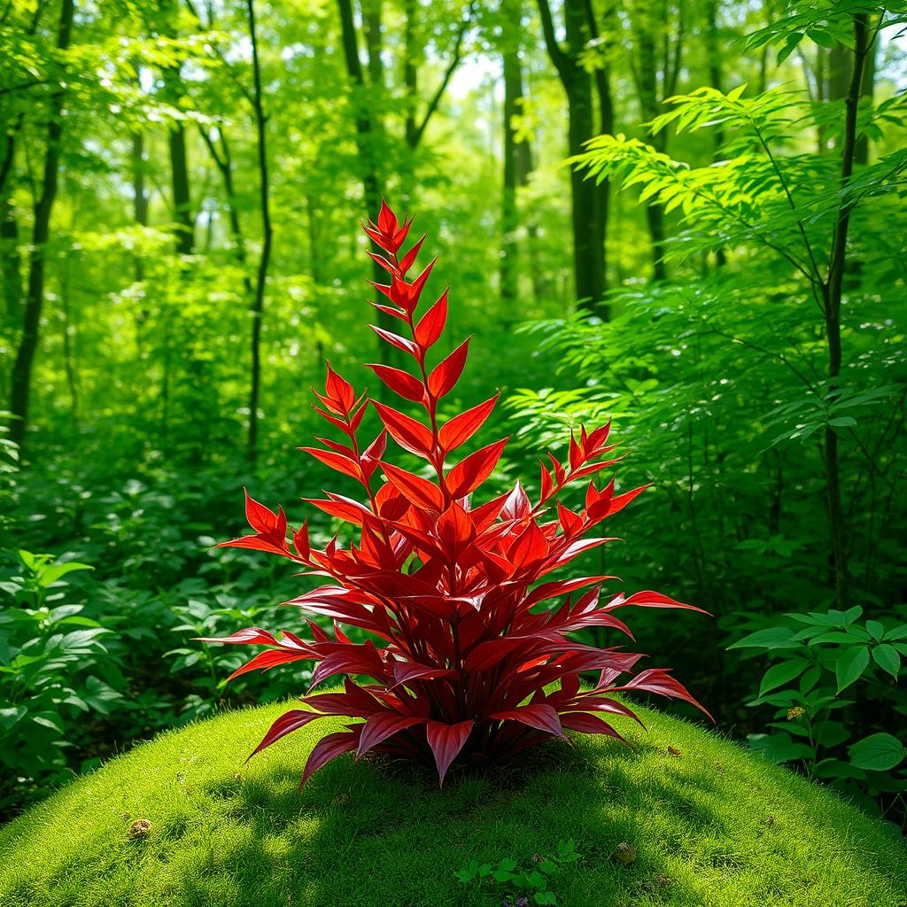 A vibrant plant with reddish leaves thriving majestically in a dense green forest