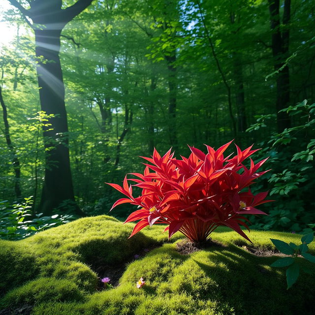 A vibrant plant with reddish leaves thriving majestically in a dense green forest