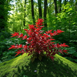 A vibrant plant with reddish leaves thriving majestically in a dense green forest