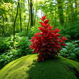 A vibrant plant with reddish leaves thriving majestically in a dense green forest