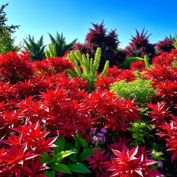A vibrant garden filled with a variety of plants displaying stunning red leaves
