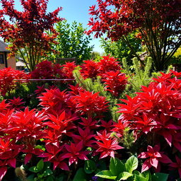A vibrant garden filled with a variety of plants displaying stunning red leaves