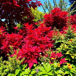 A vibrant garden filled with a variety of plants displaying stunning red leaves