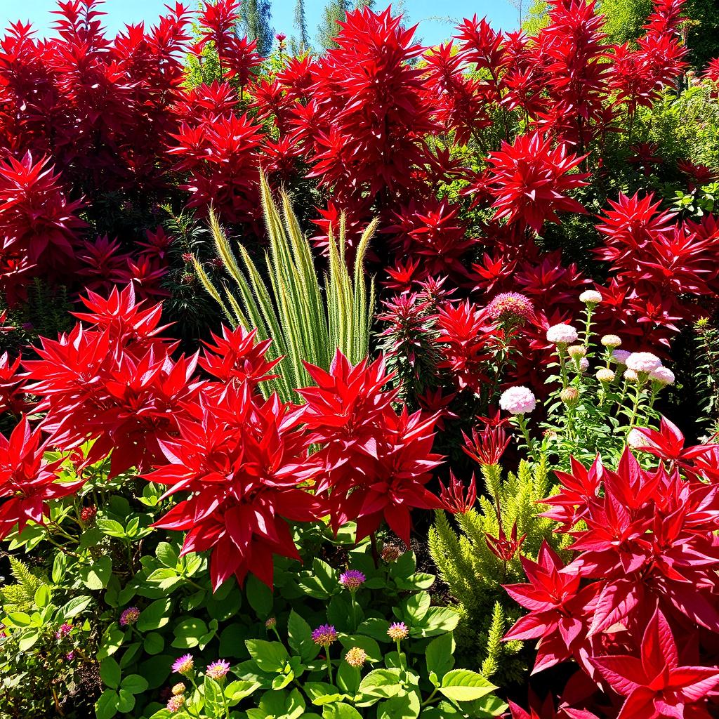 A vibrant garden filled with a variety of plants displaying stunning red leaves