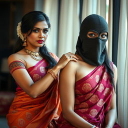 A captivating scene featuring a hot Indian woman elegantly wearing a traditional saree, showcasing intricate patterns and vibrant colors