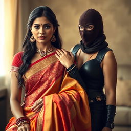 A captivating scene featuring a hot Indian woman elegantly wearing a traditional saree, showcasing intricate patterns and vibrant colors
