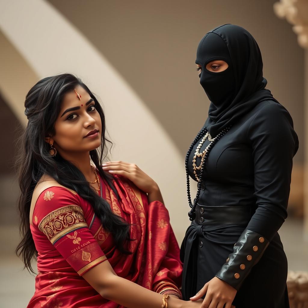 A captivating scene featuring a hot Indian woman elegantly wearing a traditional saree, showcasing intricate patterns and vibrant colors