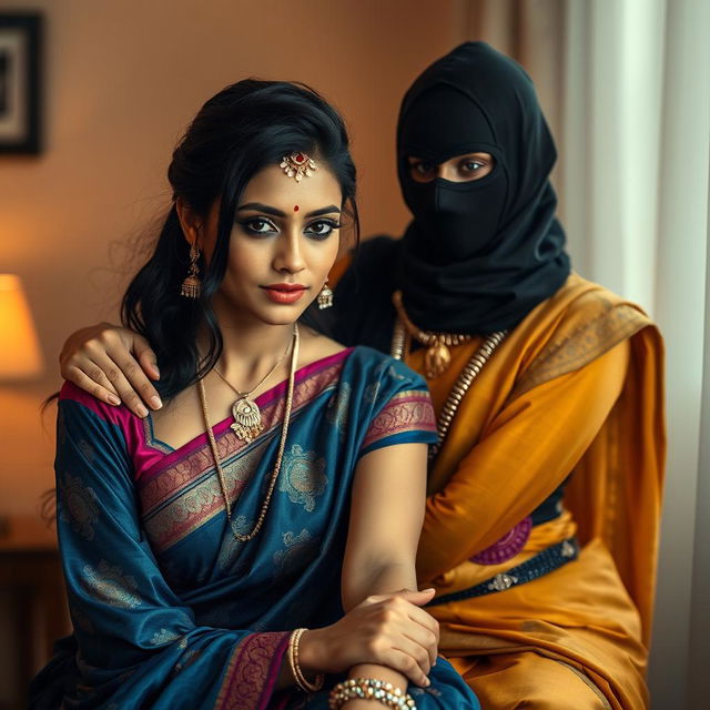 A captivating scene featuring a hot Indian woman elegantly wearing a traditional saree, showcasing intricate patterns and vibrant colors