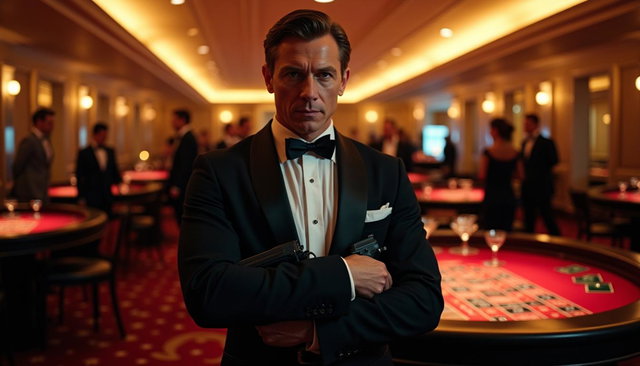 A mysterious secret agent, dressed in a sharp black tuxedo, standing confidently with a stylish pistol in hand