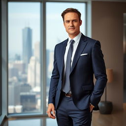 A portrait of a confident man in a tailored formal suit, standing in a stylish modern office